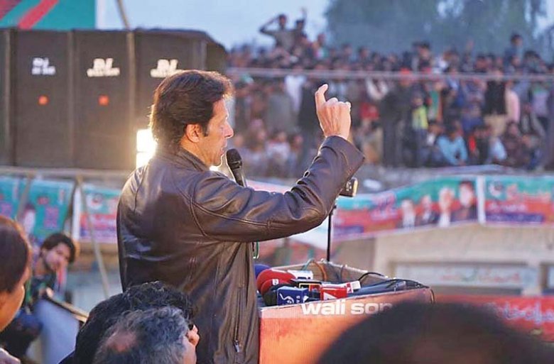 PTI chief Imran Khan addresses his workers in Kasur. PHOTO: INP