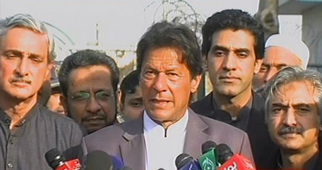 Pakistan Tehreek-e-Insaf chairman Imran Khan addresses media outside Lahore airport on Tuesday, February 14, 2017. SCREENGRAB