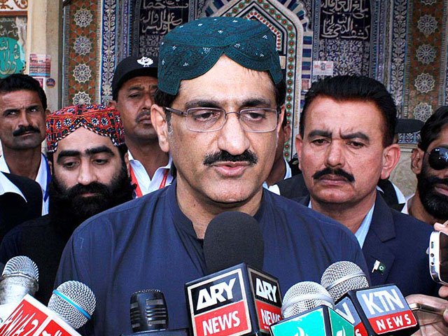 Sindh Chief Minister Murad Ali Shah talking to media persons at the shrine of Shah Abdul Lateef Bhittai on February 19, 2017. PHOTO: APP