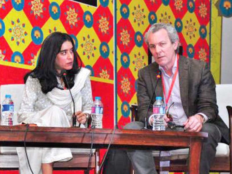 Nermeen Sheikh and Max Rodenbeck at the ‘Today in Fake News’ session. PHOTO: EXPRESS