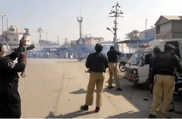 Police officials resorted to aerial firing during a recent protest in Orangi Town. PHOTO: PPI