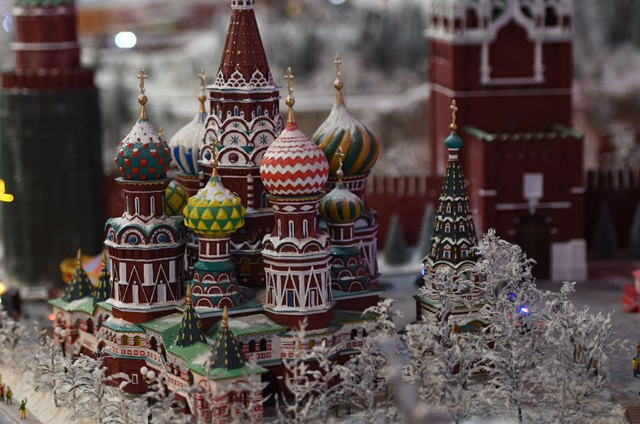 A miniature model of St. Basil's Cathedral on Red Square in Moscow, part of Gulliver’s Gate, a miniature world being recreated in a 49,000-square-foot exhibit space in Times Square, is seen during a preview April 10, 2017 in New York City. PHOTO: AFP