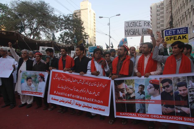 Citizens took to the streets to protest the killing of university student Mashal Khan on Thursday. PHOTO: ATHAR KHAN/EXPRESS