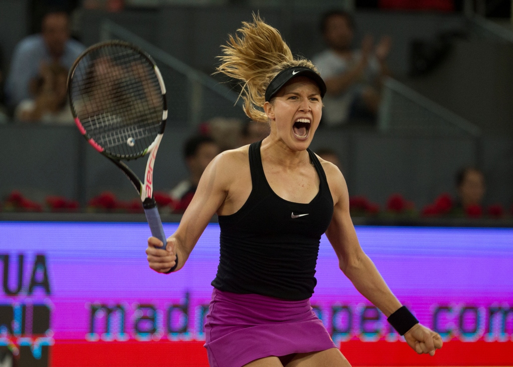 FEISTY AFFAIR: Bouchard beat Sharapova for the first time in five meetings in the second round of the Madrid Open on Monday 7-5, 2-6, 6-4 and a week after labelling the Russian "a cheater". PHOTO: REUTERS