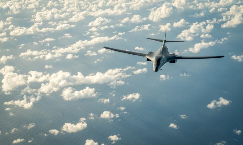 One of two U.S. Air Force B-1B Lancer bombers flies a 10-hour mission from Andersen Air Force Base, Guam, into Japanese airspace and over the Korean Peninsula. PHOTO: REUTERS.