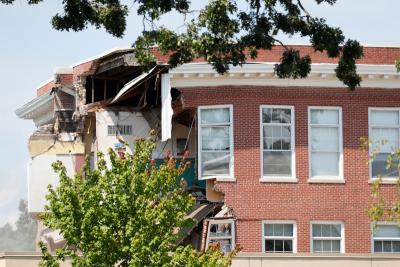 Damage to the building is seen as emergency personnel work the scene of school building collapse at Minnehaha Academy in Minneapolis, Minnesota, US. PHOTO: REUTERS