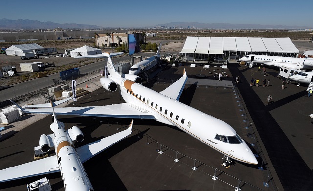 An aerial view of Bombardier's new Global 7000 business jet is seen during the National Business Aviation Association conference and expo at the Henderson Executive Airport in Henderson, Nevada, US
PHOTO: REUTERS