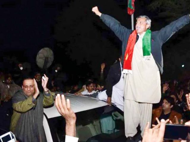 PTI general secretary Jahangir Khan Tareen celebrates his victory during a rally in Lodhran. PHOTO: PTI / FILE