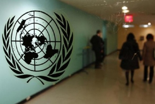 The United Nations logo is displayed on a door at UN headquarters in New York. PHOTO: REUTERS
