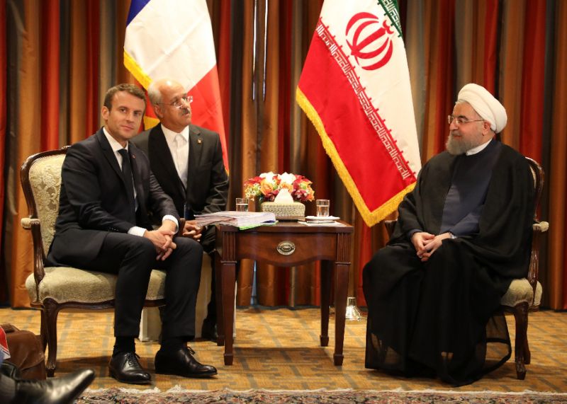 France's President Emmanuel Macron (L) meets with Iranian president Hassan Rouhani (R) in New York for the UN General Assembly on September 18, 2017. PHOTO: AFP