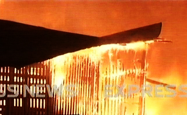 Fire engulfs a wood warehouse in Karachi. PHOTO: EXPRESS
