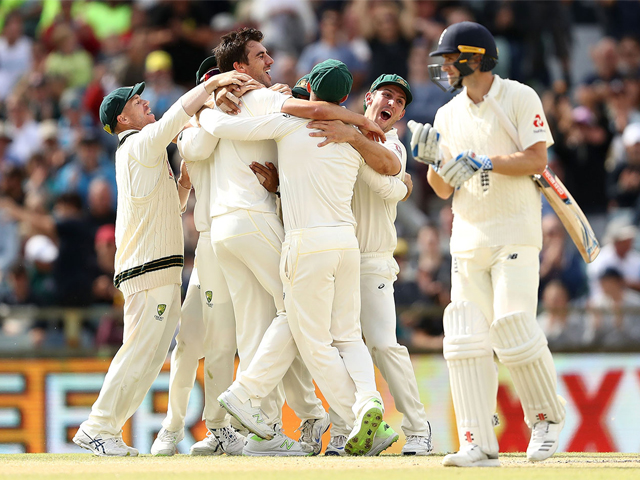 Australia celebrate as Pat Cummins takes the Ashes-clinching wicket , Australia v England, 3rd Test, Perth, 5th day, December 18, 2017. PHOTO: GETTY