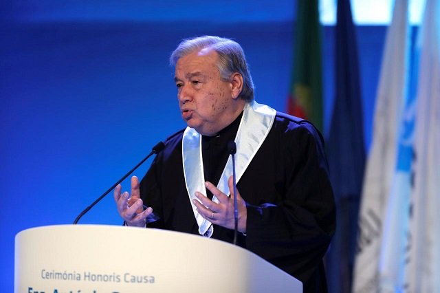 UN Secretary General Antonio Guterres gives a speech during a ceremony at Lisbon University where Guterres received his honoris causa degree, Portugal February 19, 2018.
PHOTO: REUTERS