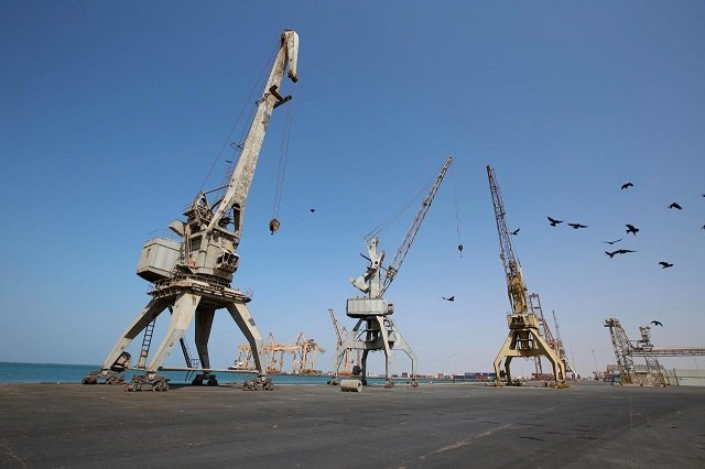 A view of cranes, damaged by air strikes, at the container terminal of the Red Sea port of Hodeidah, Yemen. 
PHOTO: REUTERS