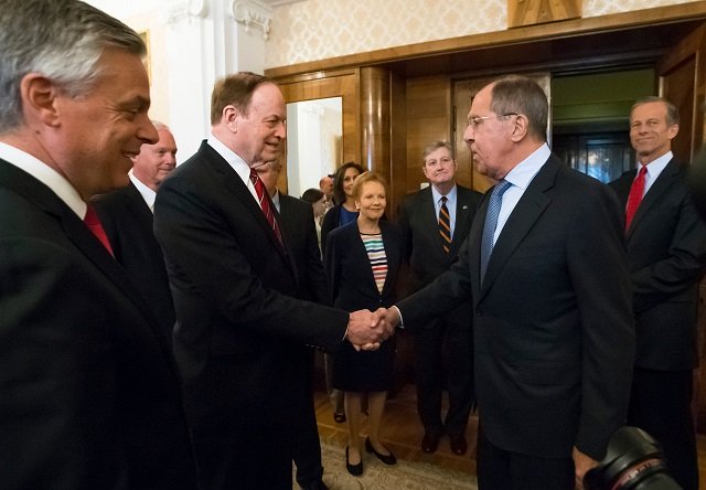 This handout picture taken and released on July 3, 2018 by Russian Ministry of Foreign Affairs shows Russian Foreign Minister Sergei Lavrov (R) meeting with US Senator Richard Shelby and members of a US congressional delegation in Moscow.  PHOTO: AFP