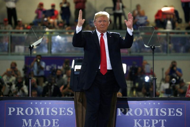 US President Donald Trump gestures during a Make America Great Again rally in Great Falls, Montana, U.S., July 5, 2018. PHOTO: REUTERS