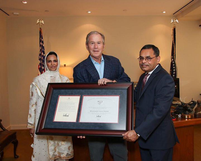 The award was presented to Sheikh by former US president George W Bush in a ceremony organised by Javaid Anwar in coordination with the Bush's office. PHOTO: EXPRESS