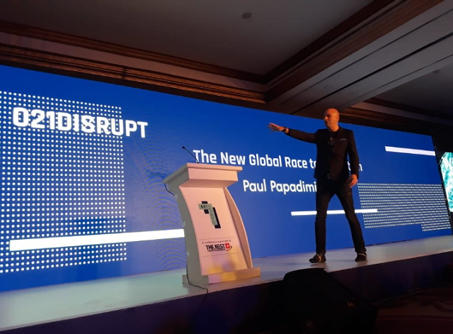 Paul Papadimitriou gives a talk on the 021Disrupt stage. PHOTO:TWITTER@TheNestiO