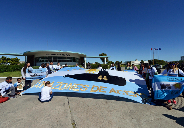 Relatives of the 44 crew members of the missing at sea ARA San Juan submarine attend a demonstration outside the Argentine Naval Base. PHOTO: REUTERS