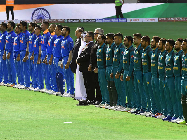 The Indian and Pakistani cricket teams at the 2018 Asia Cup. PHOTO: AFP