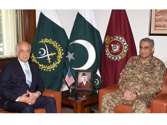 US special envoy for Afghan peace Zalmay Khalilzad calls on army chief General Qamar Bajwa at the GHQ in Rawalpindi on Friday. PHOTO: ISPR
