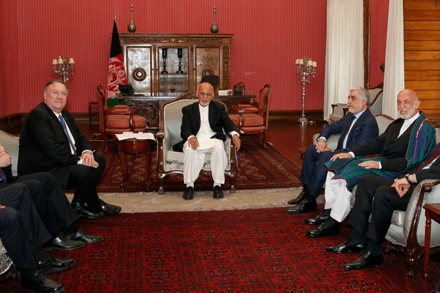 Secretary of State Mike Pompeo meets with Afghan President Ashraf Ghani, Afghan Chief Executive Officer Abdullah Abdullah, and former Afghan President Hamid Karzai, right, at the Presidential Palace in Kabul, Afghanistan, Tuesday, June 25, 2019, during an unannounced stop. PHOTO: AFP