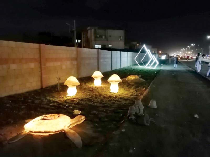 Streets lamps, installed along the length of Abdul Sattar Edhi Avenue, near Sea View, have been illuminated, as a part of the cleanliness and beautification initiative taken by Clifton Board Cantonment. PHOTO: EXPRESS