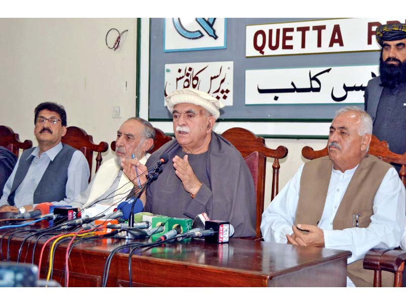 PkMAP Chairman Mehmood Achakzai addresses a press conference in Quetta. PHOTO: PPI