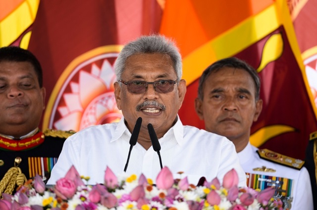 Sri Lanka's new President Gotabaya Rajapaksa, centre, speaks after taking oath of office during his swearing-in ceremony at the Ruwanwelisaya temple in Anuradhapura. PHOTO: AFP