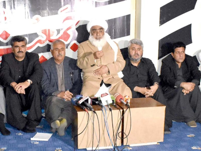 JUI-F leader Maulana Wasay and others address a press conference in Quetta. PHOTO: EXPRESS