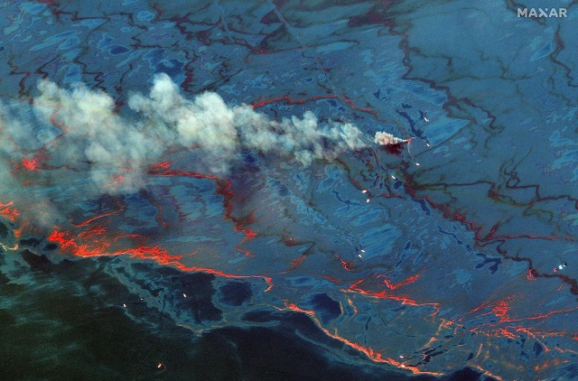 An oil spill in the Gulf of Mexico is seen in this WorldView-2 multi-spectral handout image taken June 10, 2010 and released on December 24, 2019 by Maxar Technologies. PHOTO: Maxar Technologies