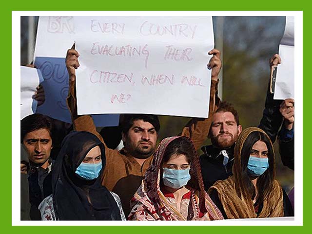 Students and family members of Pakistani students living in the Chinese city of Wuhan protest demanding their return home. PHOTO: GETTY