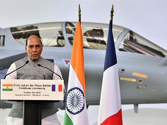 Indian Defence minister Rajnath Singh speaks during the ceremony marking the delivery of the first of 36 Rafale fighter jets destined for India, on October 8, 2019. PHOTO: AFP